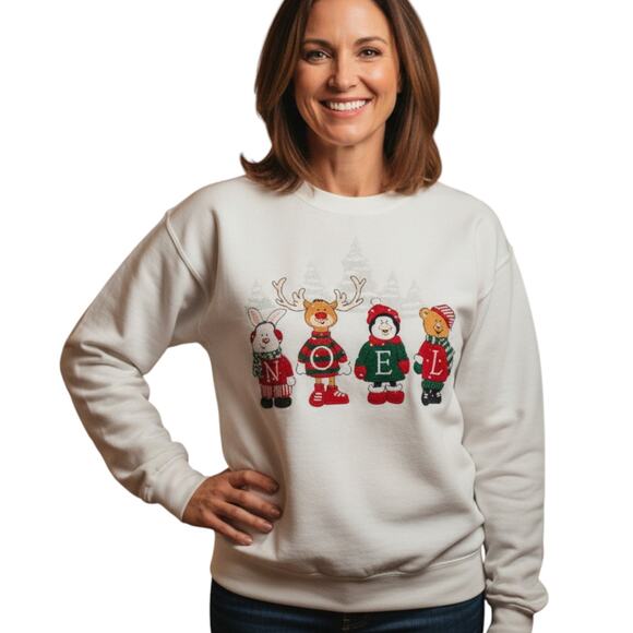 Screen Stars Tops - VTG 90s Christmas Sweatshirt Adult XL Noel Bunny Reindeer Bear Graphic Holiday